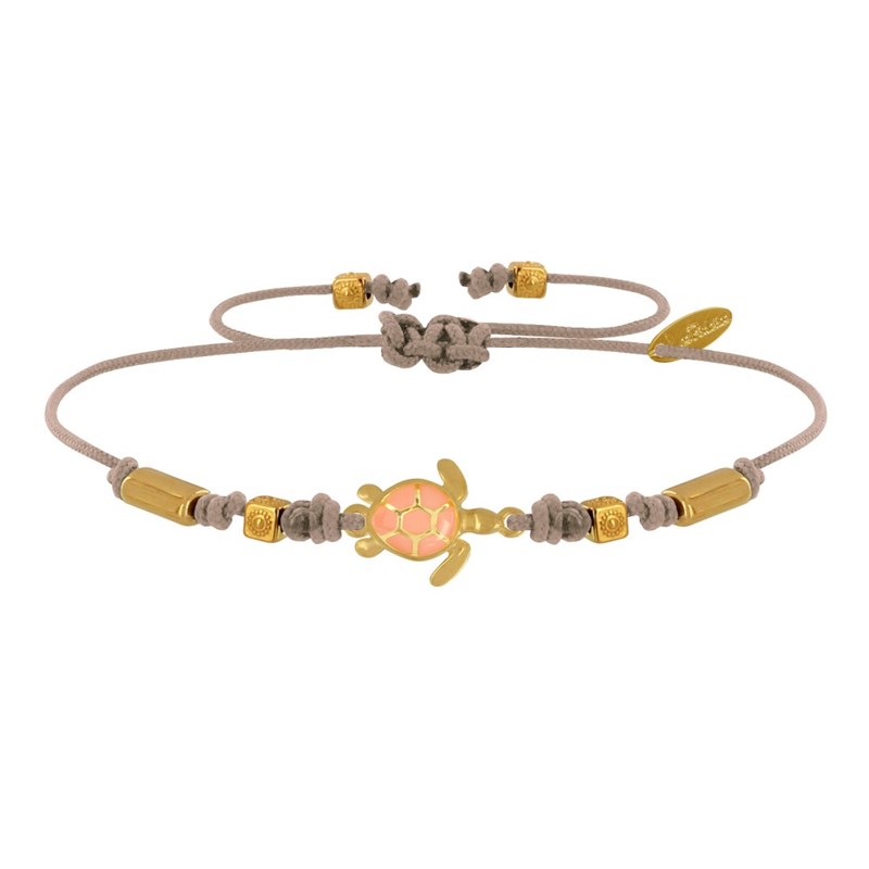 Bracelet Lien Laiton Doré Tortue Émaillé Orange - Beige