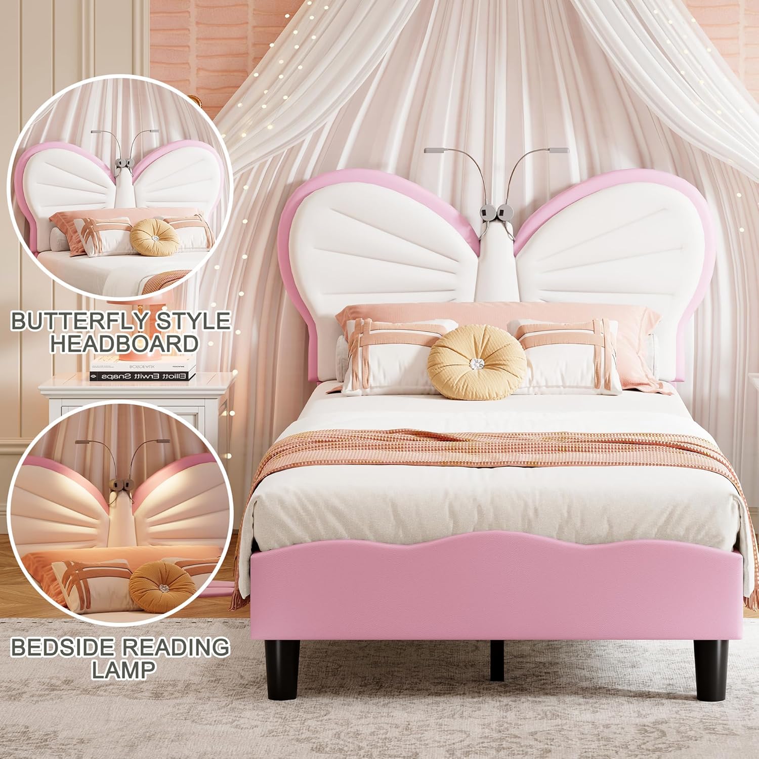 Kinderbett 90x200 cm, LED Einzelbett Gepolstertes Bett mit lattenrost für Mädchen, Polsterbett Jugendbett mit verstellbarem Kopfteil für Kinderzimmer, ohne Matratze (Rosa Schmetterling)