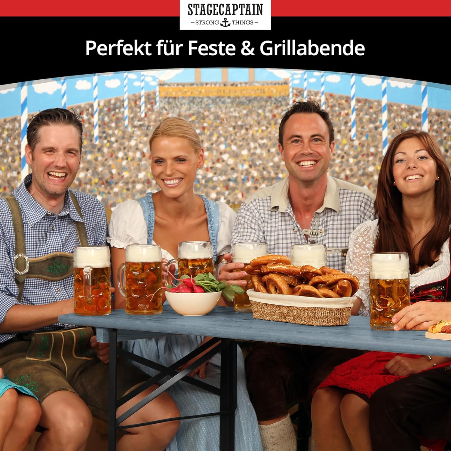 Stagecaptain BBDL-119 GY Hirschgarten Bierzeltgarnitur mit Lehne für Balkon - 119 cm Länge - Klappbare Festzeltgarnitur 1x Tisch, 2X Bank - Holz Sitzgarnitur - Innen & Außenbereich - Grau
