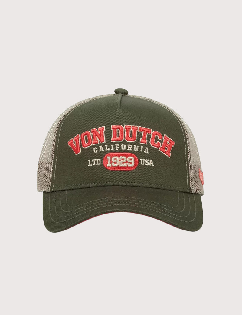 VON DUTCH CASQUETTE LOGO TRUCKER COLLEGE KAKI CORAIL