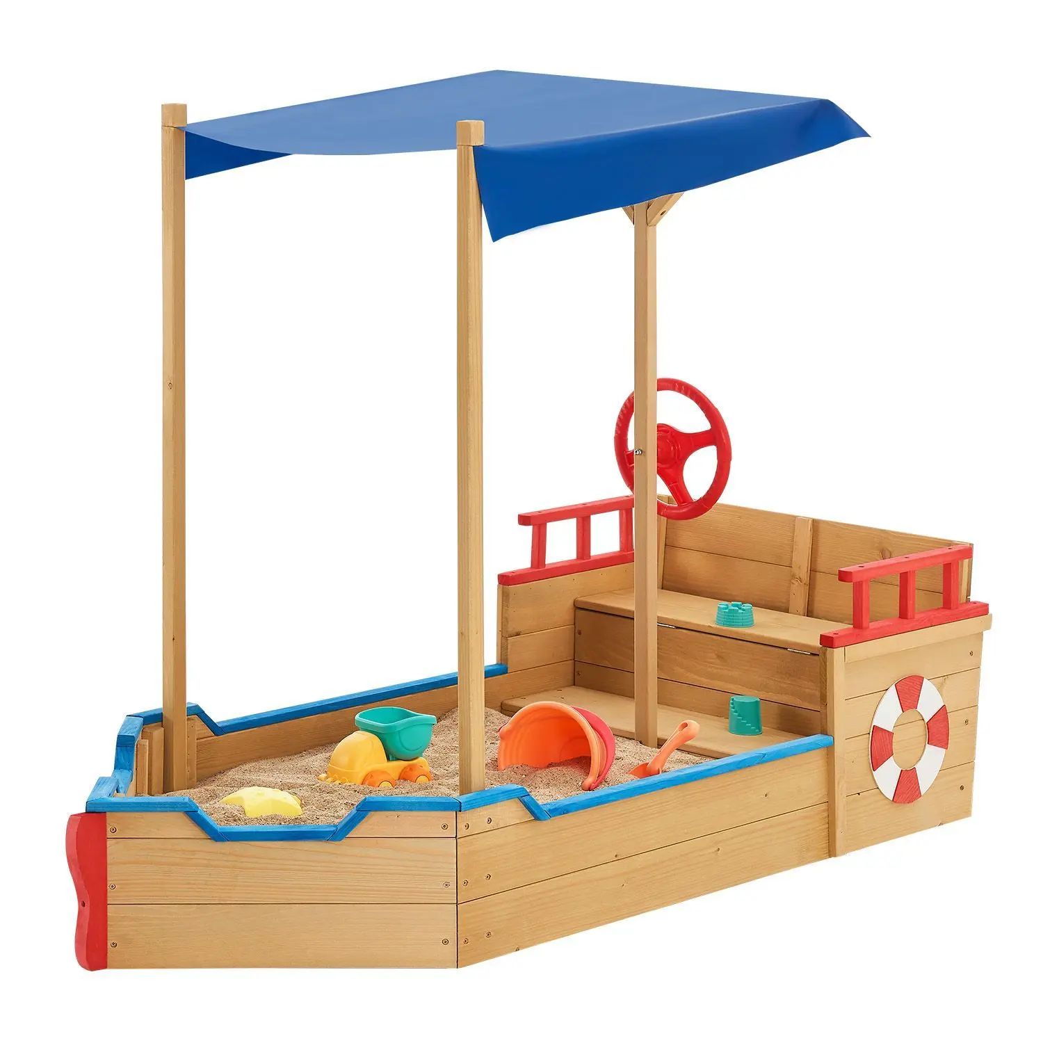 Juskys Sandkasten Käpt’n Pit mit Bodenplane & Dach - Holz Piratenschiff Boot - Sandkiste Sandbox