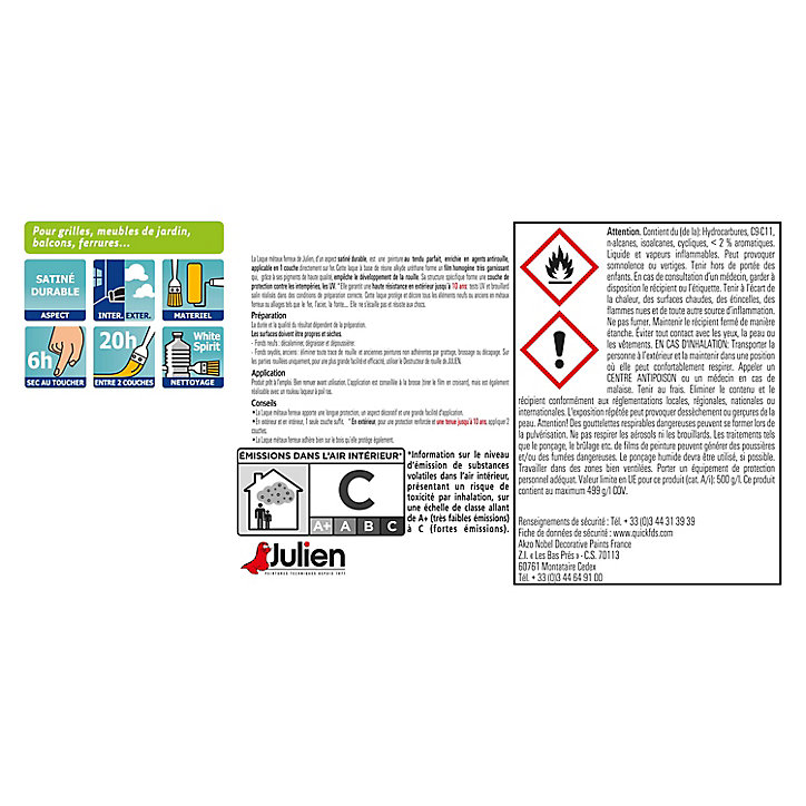Peinture extérieure laque métaux ferreux antirouille monocouche Julien brillant blanc 250ml