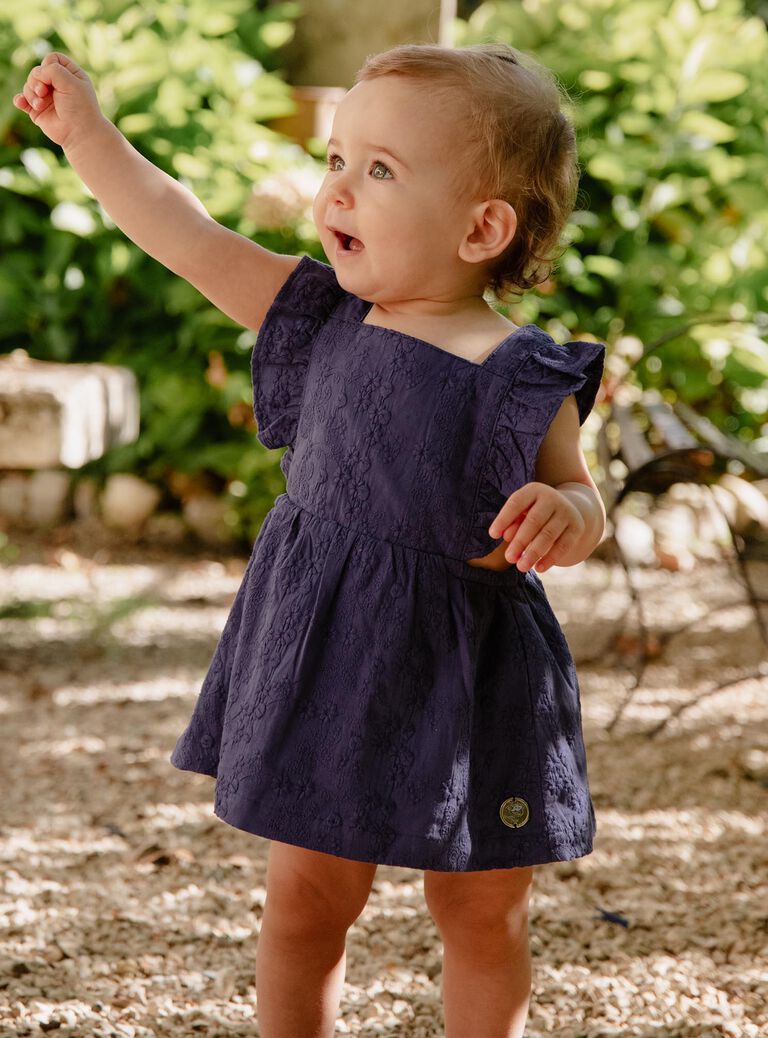 Robe bleu nuit en popeline à broderies fleuries