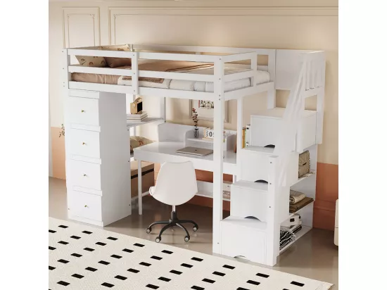 Lit mezzanine enfant 90x200 avec tiroir Commode avec étagères  échelle à grimper de sécurité avec tiroirs de rangement Blanc