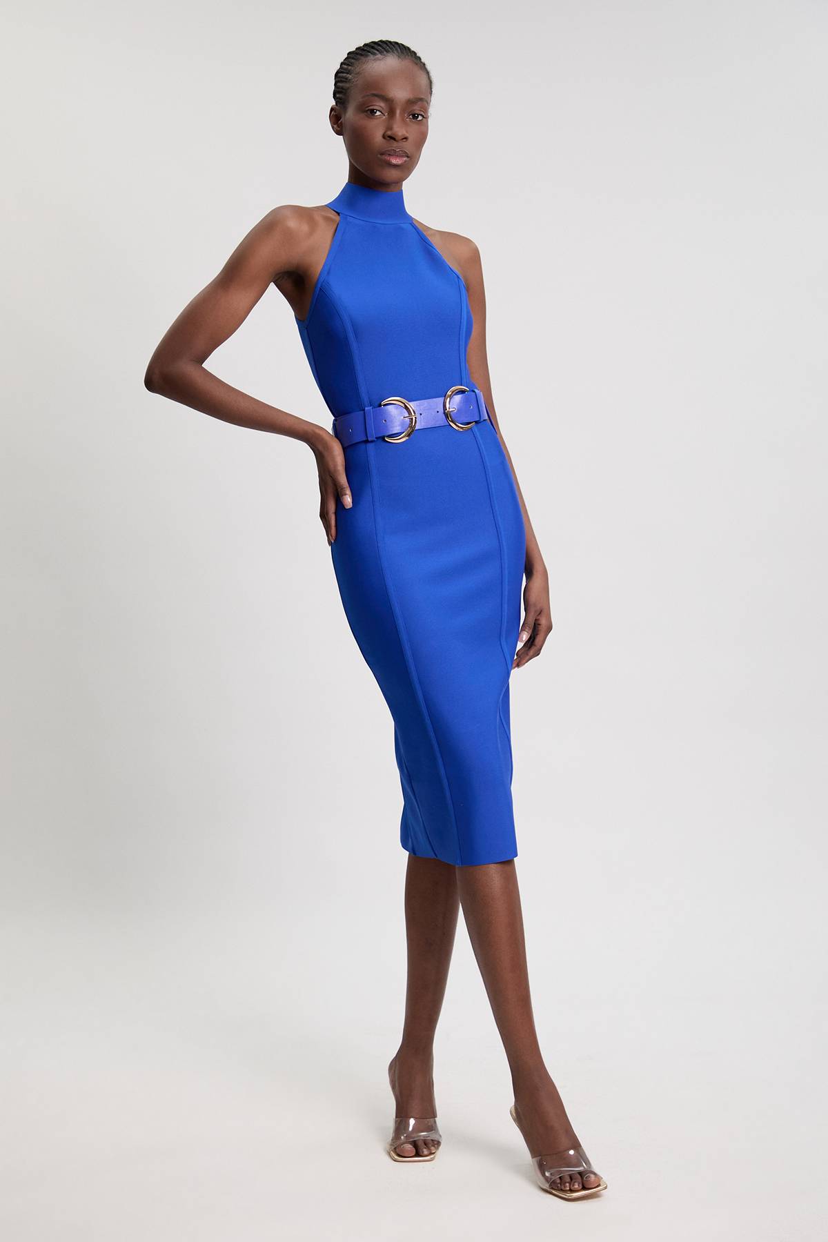KarenMillen Robe Midi Bandage à Col Haut avec Détails Boucles