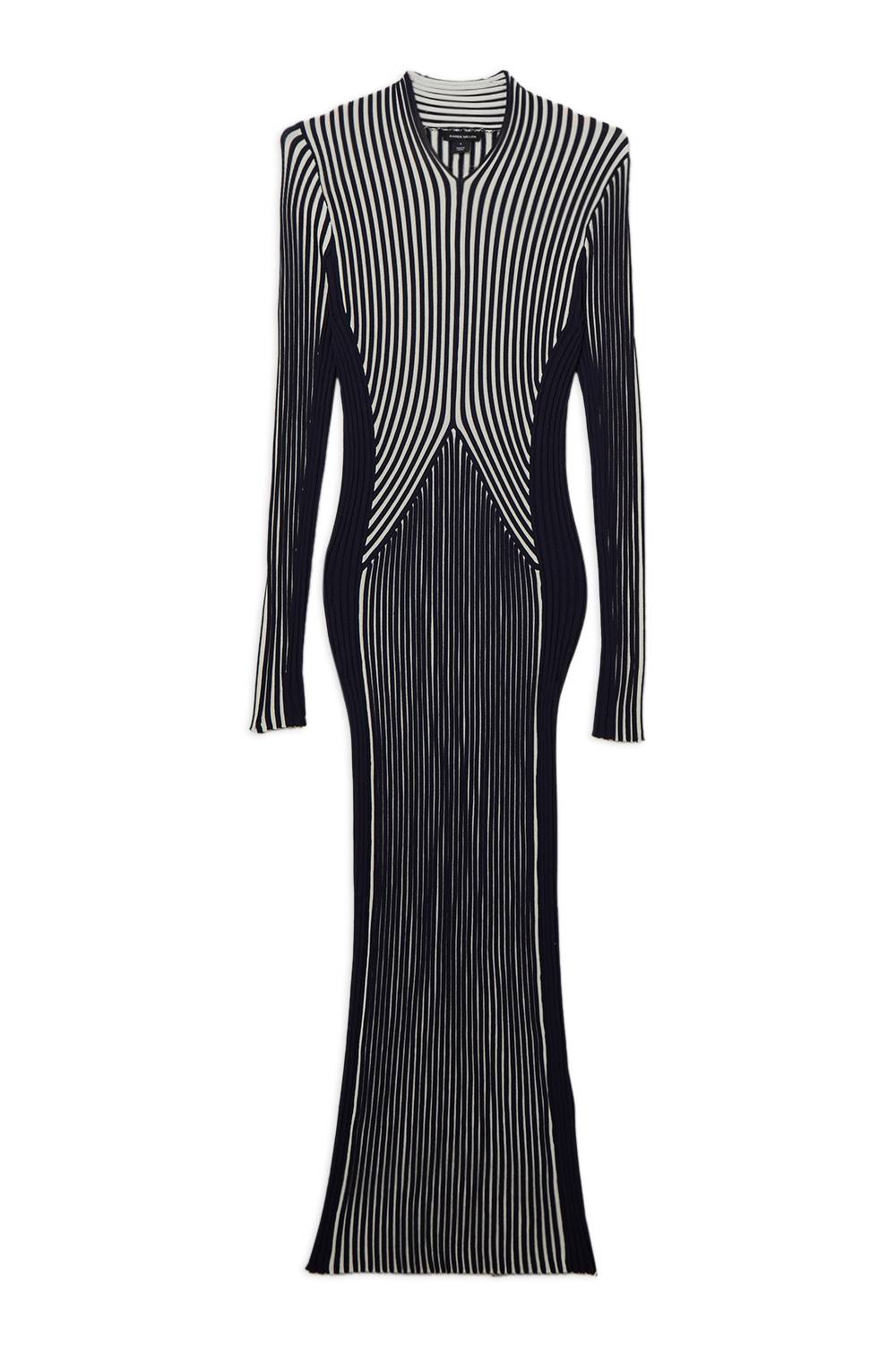 KarenMillen Robe Mi-Longue Tricotée Ajustée à Manches Longues Rayée Petite Taille
