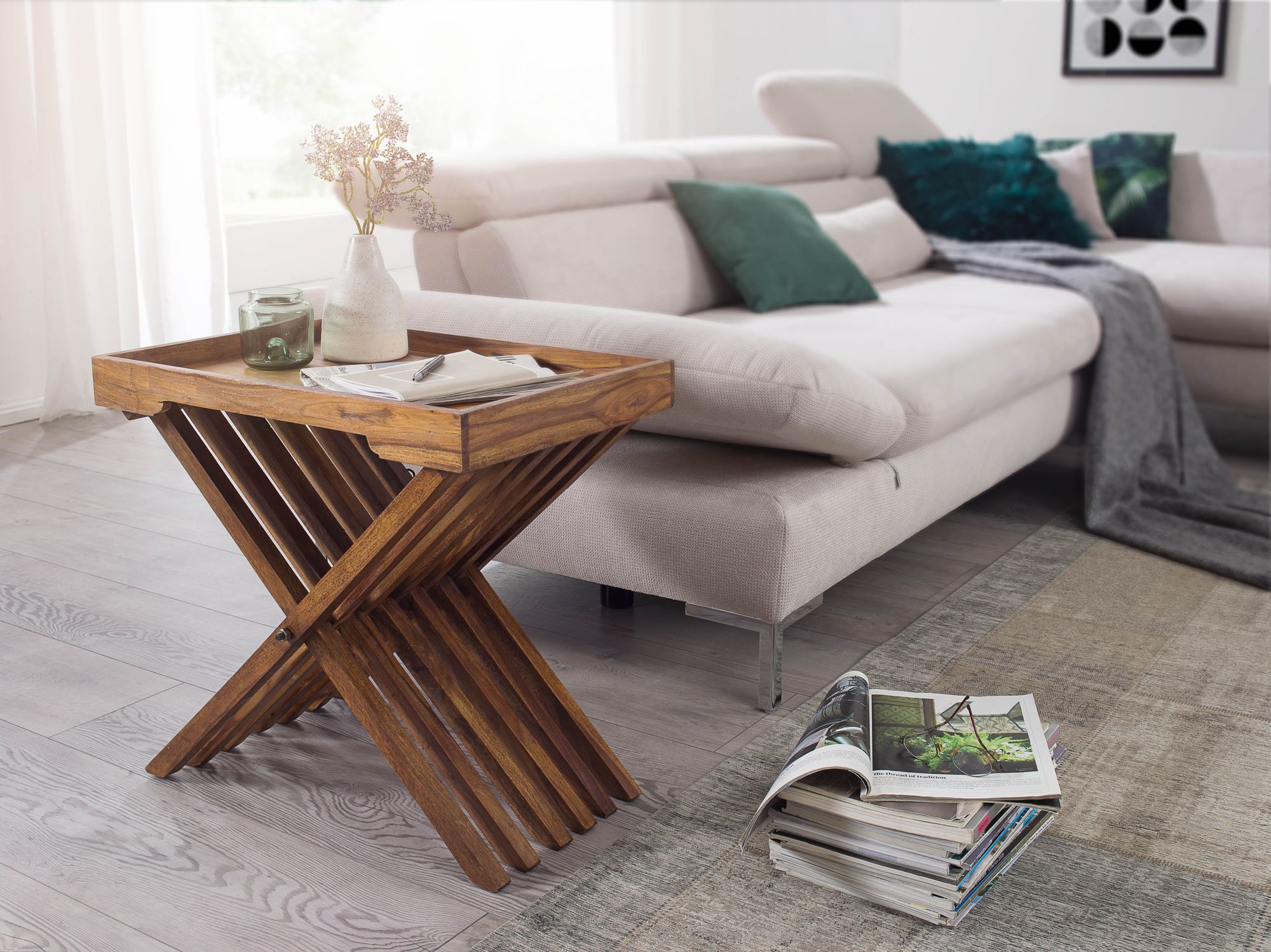 KADIMA DESIGN Massiver Sheesham-Holz Klapptisch, vielseitig einsetzbar, 60x57 cm, abnehmbares Tablett, ideal als Serviertablett