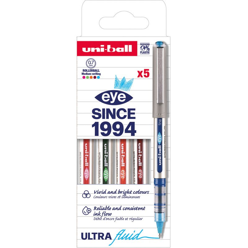 Stylo roller Uni Ball Eye pointe 0,7 mm écriture moyenne couleurs assorties fun- Pochette de 5