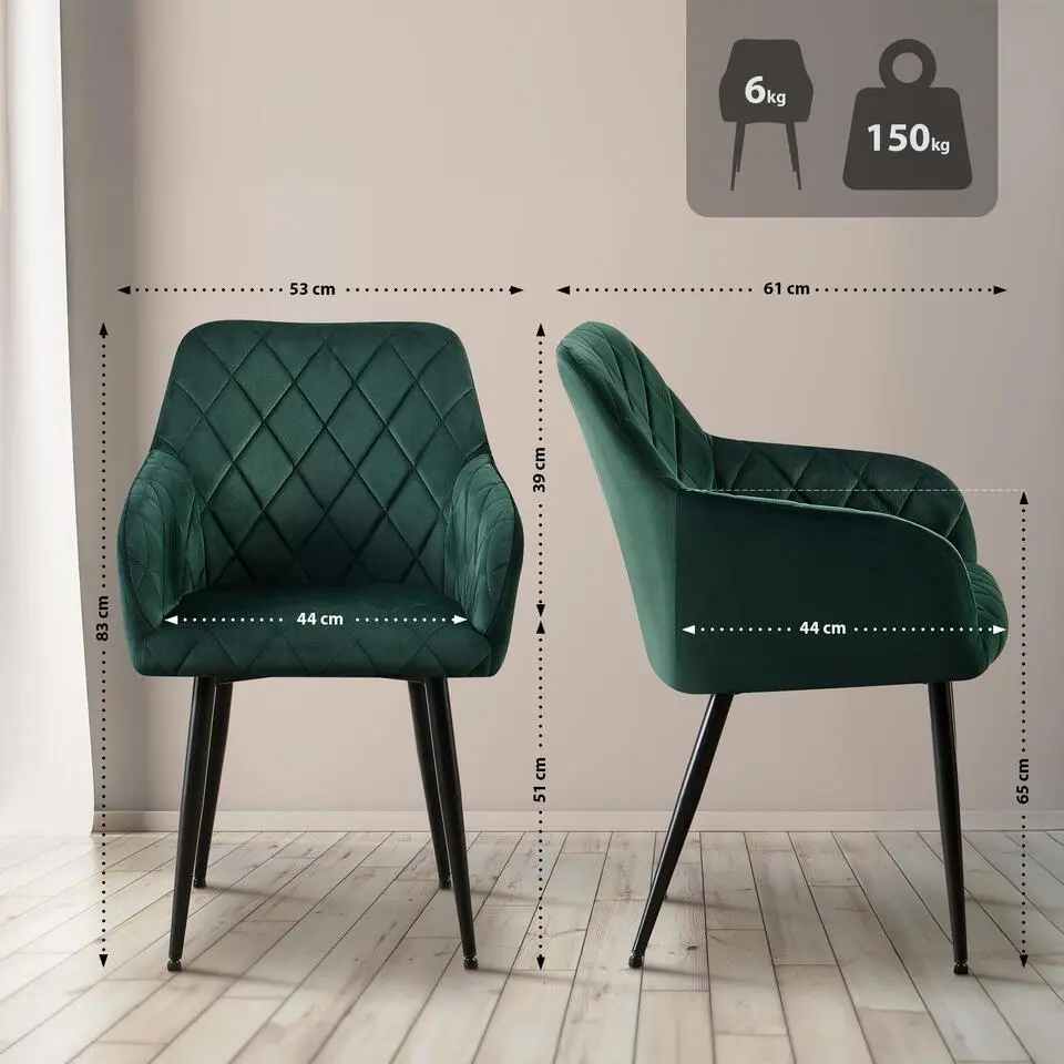 CLP Set van 2 Eetkamerstoel Monett zwart Frame - Fluweel - groen