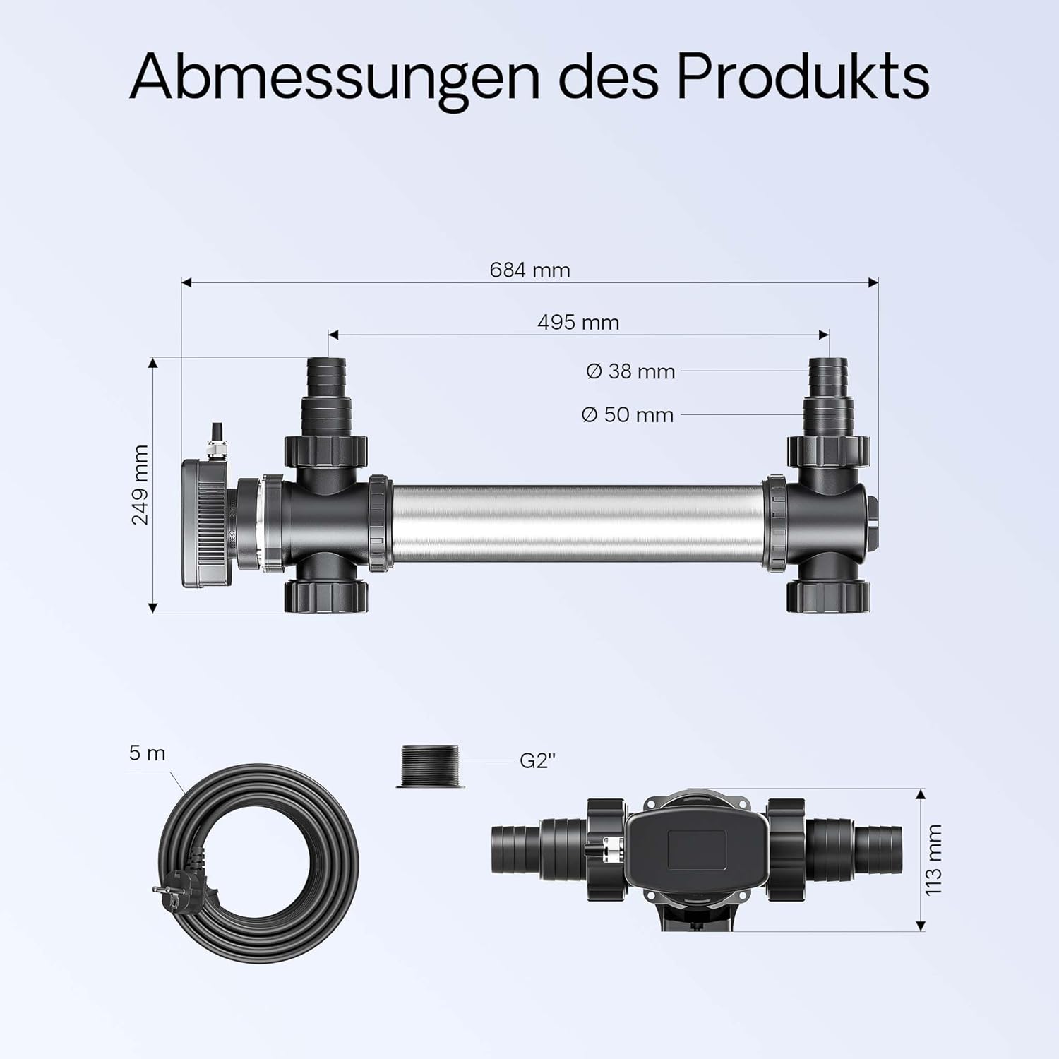 SunSun CUV-755 Teichklärer 8000 l/h / 55 W UVC, Vorklärgerät für Teichfilter & Teichpumpe, Wasserklärer mit UV-Lampe, Lichtfilter zur Algenbekämpfung