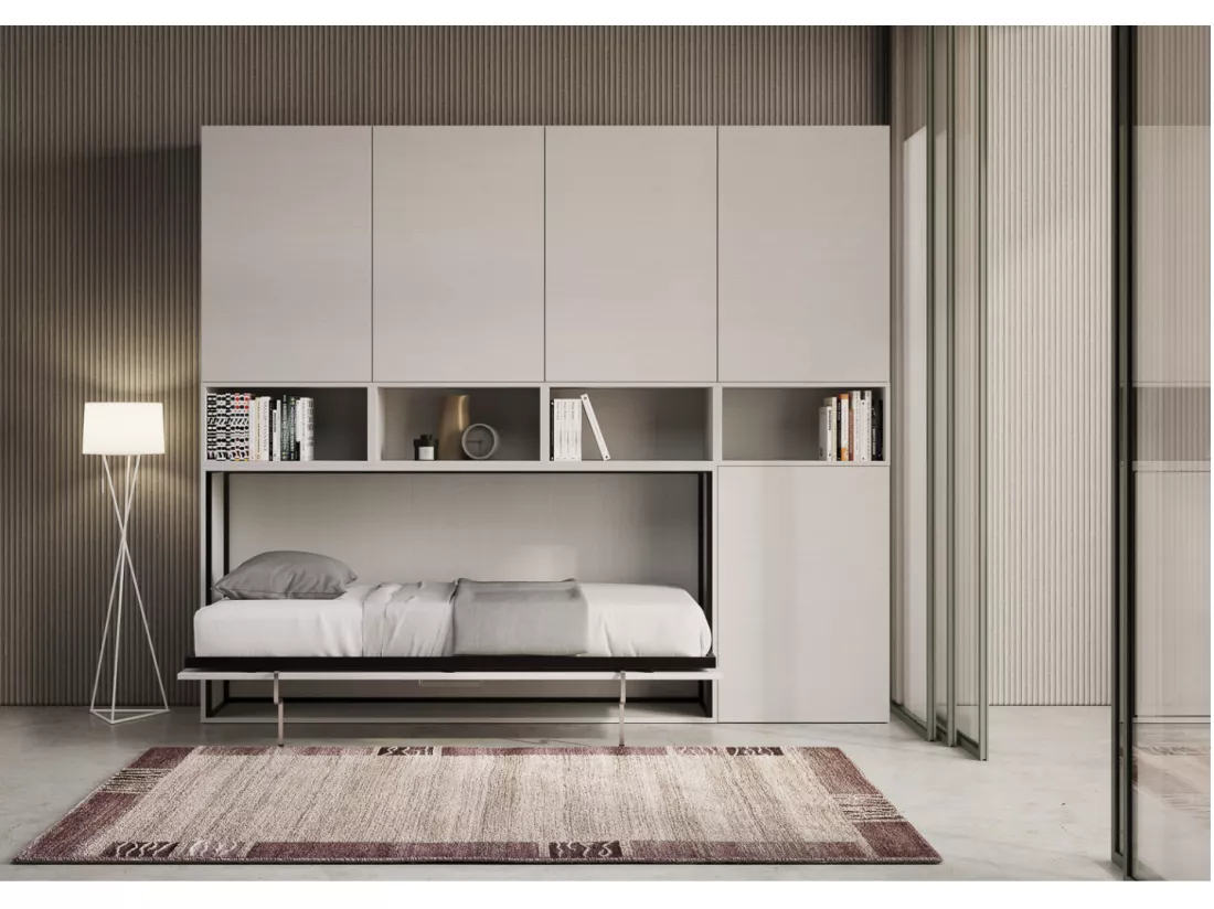 Lit escamotable horizontal blanc Bounto 85x185 avec rangement et bibliothèque composition C-1 matelas 85x185