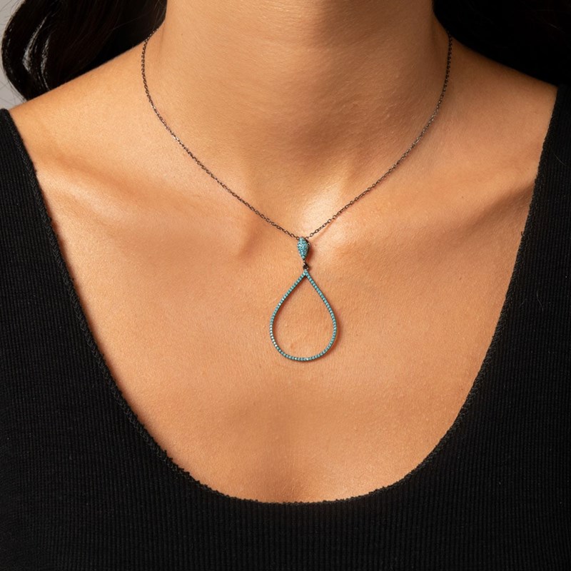 Collier Argent Forme Goutte Noir Turquoise