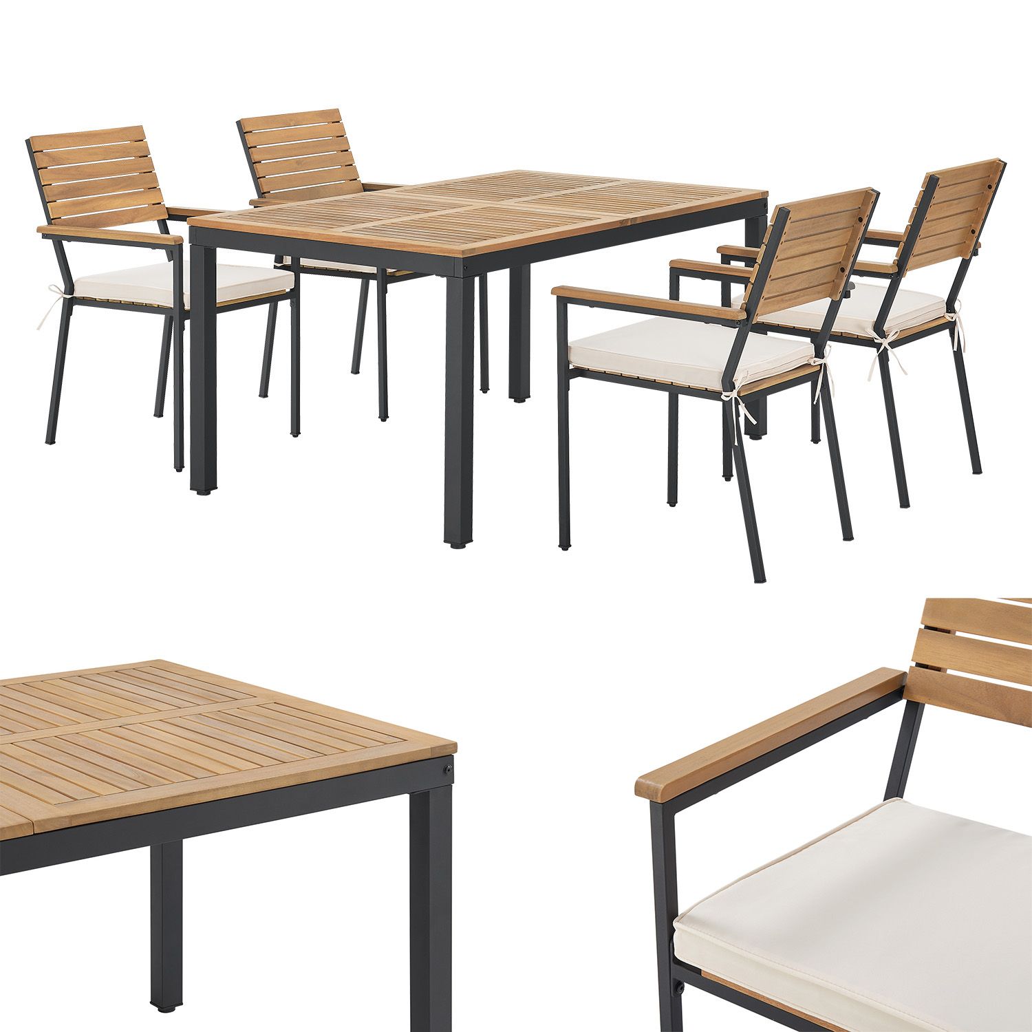 Juskys Akazienholz Gartengarnitur Rhodos - Tisch, 4 Stühle & Auflagen - Gartenmöbel Set - Holz Möbel