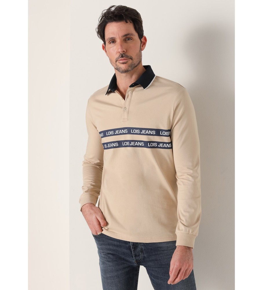 Polo Lois de manga comprida com gola jacquard e duas listras bege.