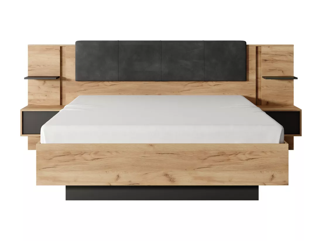 Lit avec chevets 140 x 190 cm - Avec LEDs - Coloris : Naturel et anthracite - ELYNIA