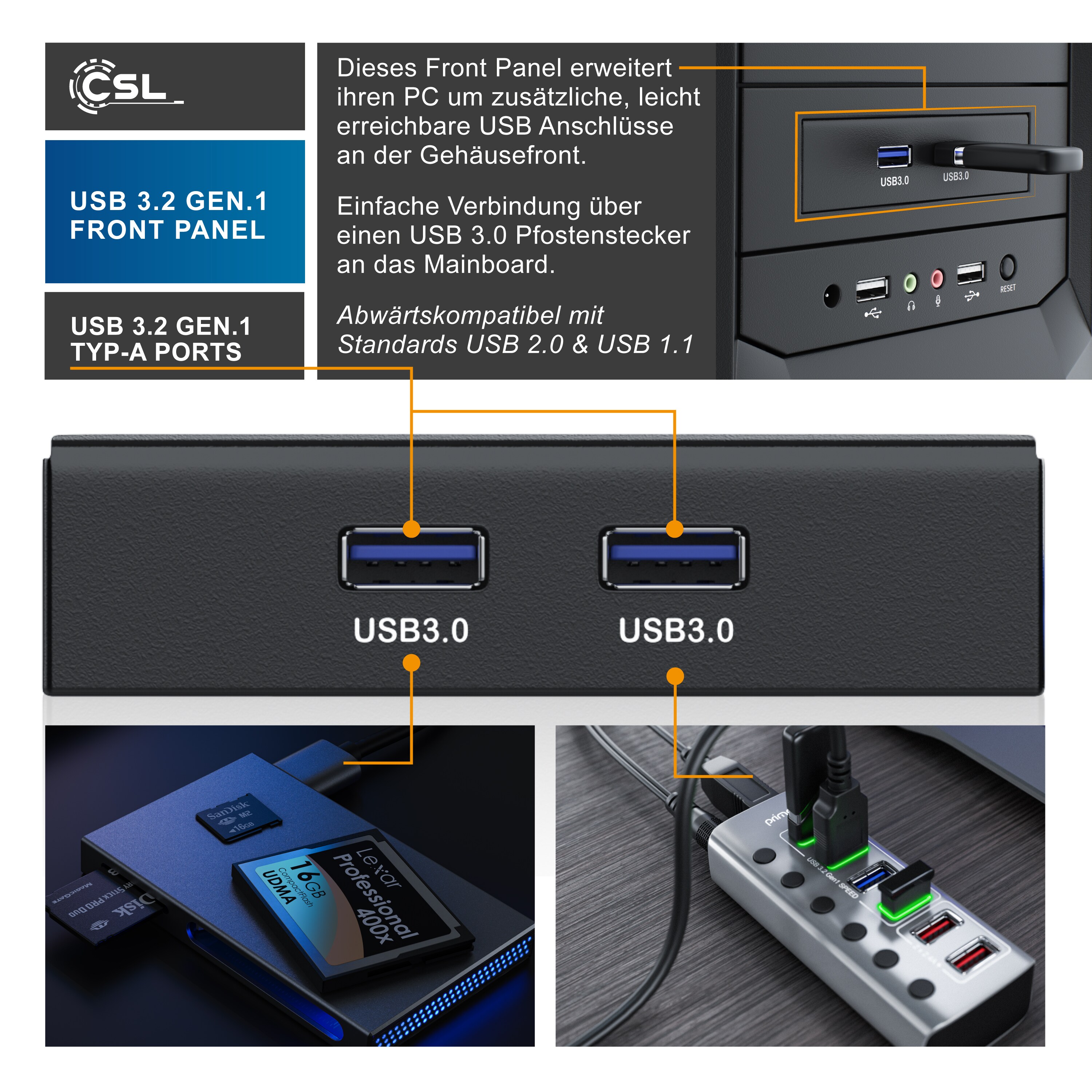 CSL USB 3.0 2-Port Frontpanel für 3,5 Laufwerkschächte - 2x USB 3.0 Buchse Typ A | bis zu 5Gb/s