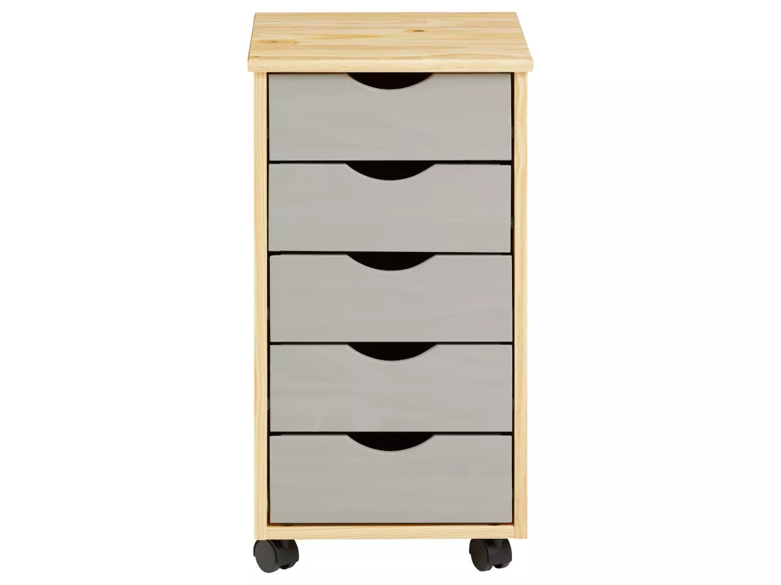 Caisson de bureau LAGOS meuble de rangement sur roulettes avec 5 tiroirs, en pin massif finition vernis naturel et lasuré gris