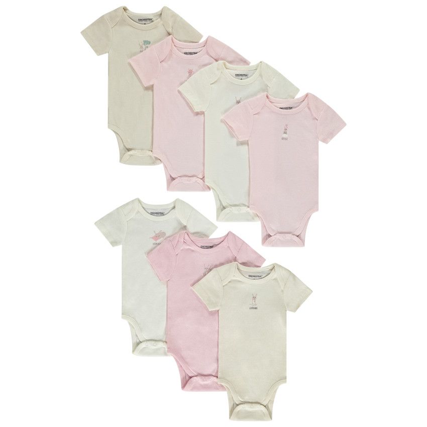 Lot de 7 bodies manches courtes motifs lapins pour bébé fille - Ecru