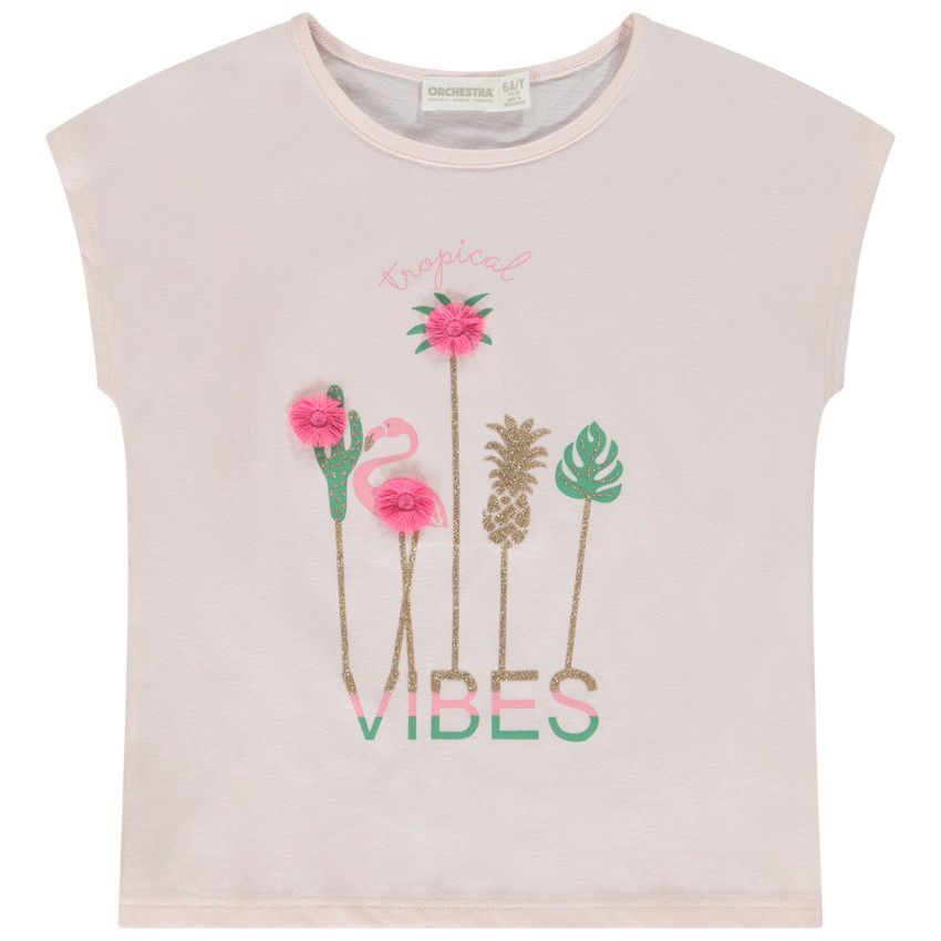 T-shirt manches courtes forme boîte print pailleté pour fille - Rose
