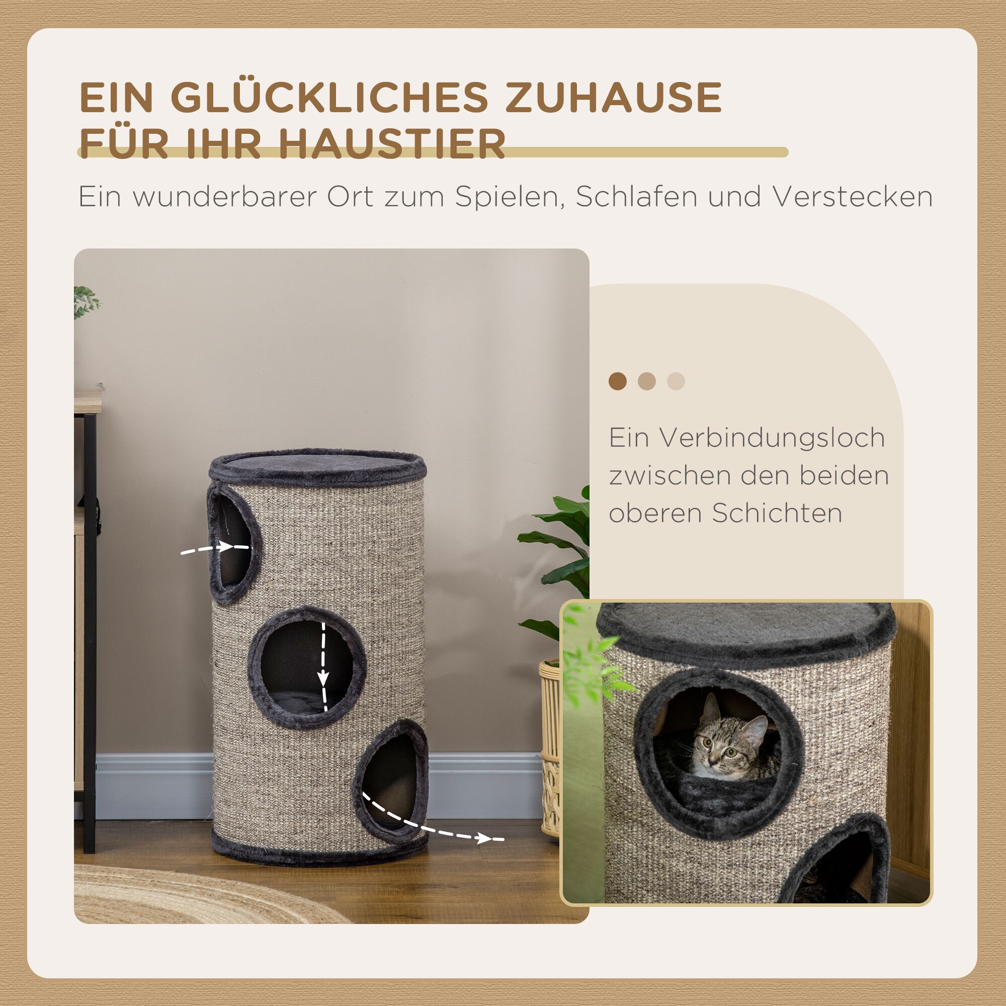 PawHut Kratztonne mit 3 Höhlen grau 38L x 38B x 70H cm