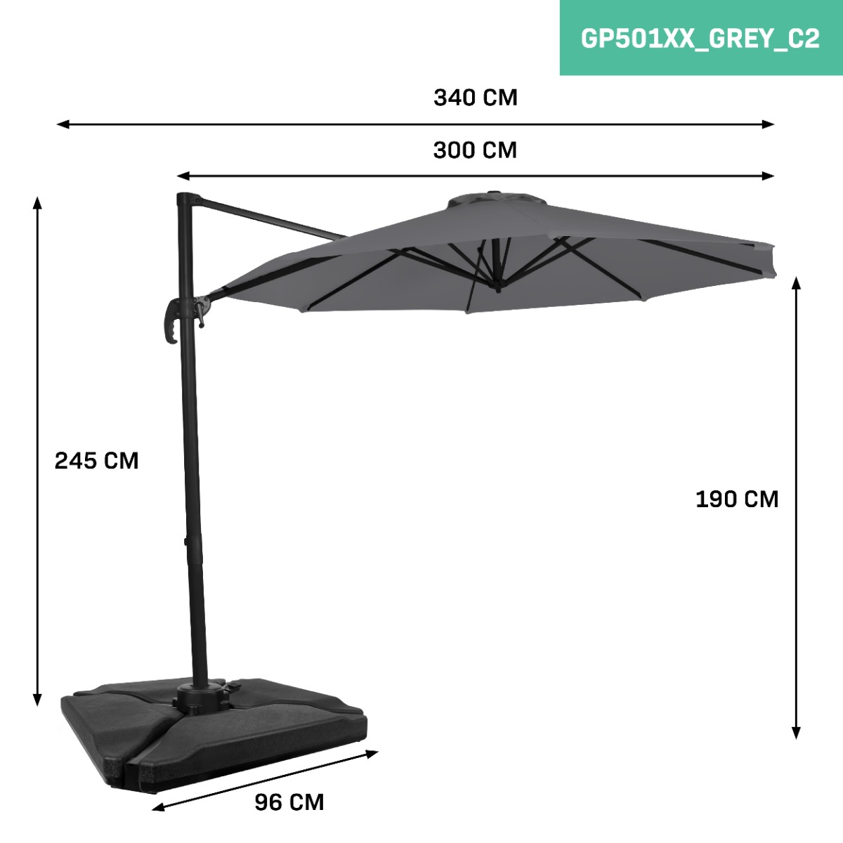 Vonroc Bardoline 300 zweefparasol met 4 vulbare tegels - Grey