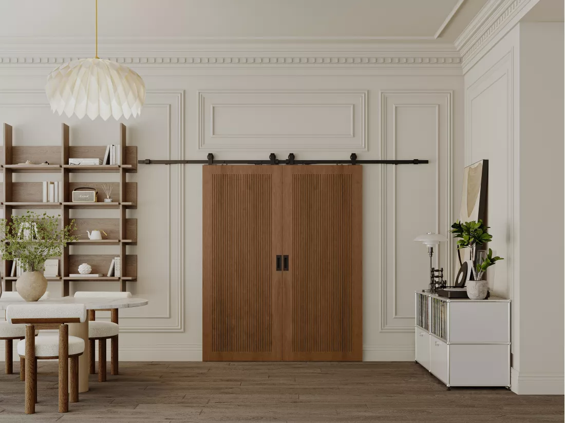 Porte coulissante double avec système en applique en MDF et bois - naturel foncé - 2 x H205 x L73 cm - SANDORA