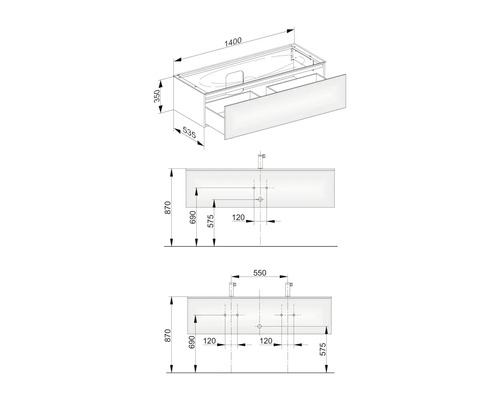 KEUCO Edition 11 wastafelmeubel, BxHxD 140 x 35 x 53,5 cm, glanzend wit front met verlichting, 31361300100