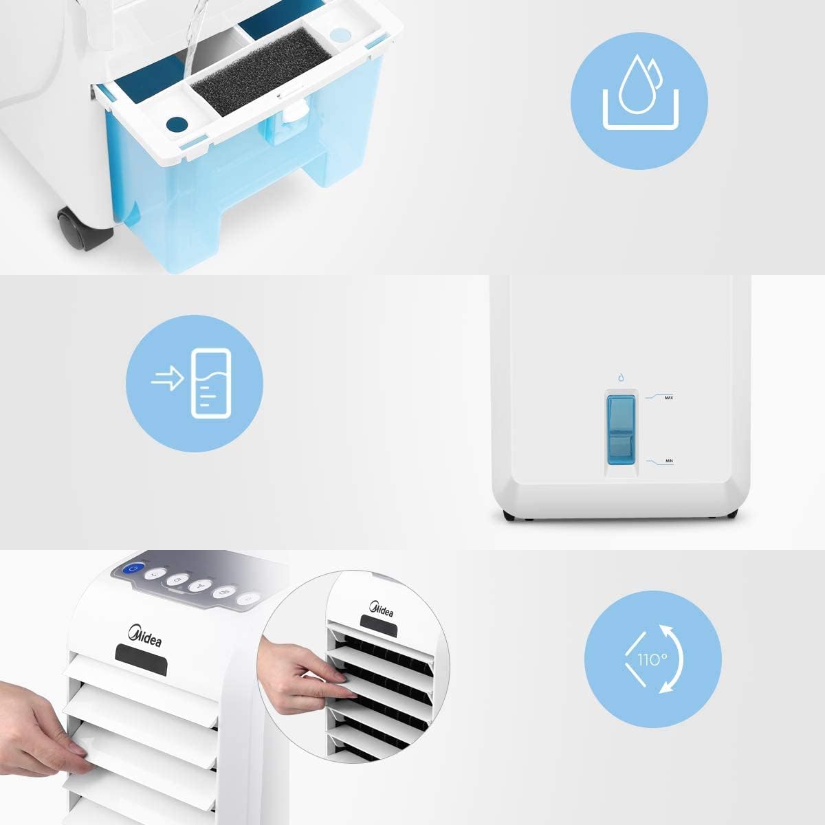 Midea AC100-16BR Luftkühler mit Wasserkühlung, Klimaanlage Mobil, Ventilator mit 5L Wasserkühlung, Luftbefeuchter, mit Fernbedienung, 7H Timer, Weitwinkeloszillation, LED Anzeige, 55W