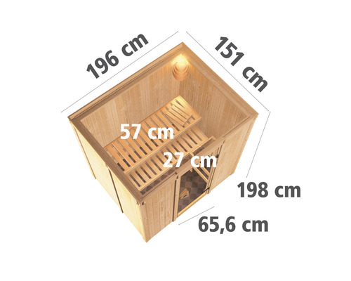 Karibu Wanja plug & play sauna zonder kachel en dakrand, met gebronsde volledig glazen deur