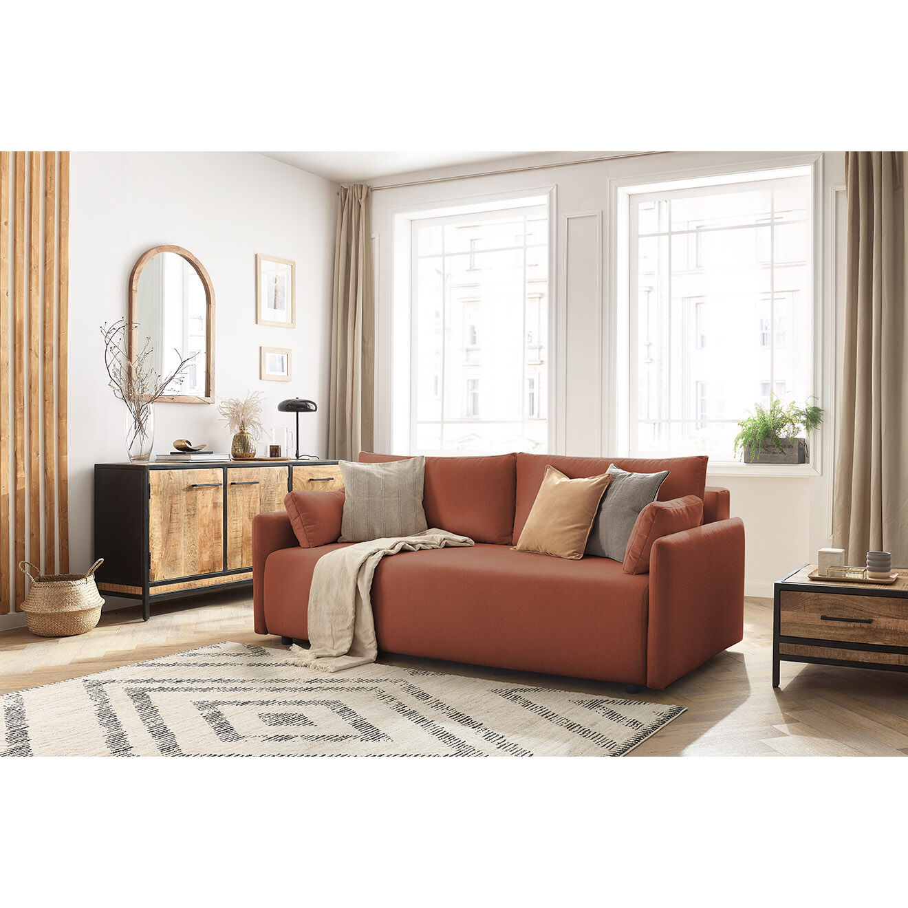 Bobochic Canapé droit convertible coffre marcel tissu lisse orange - 211x100x86 cm