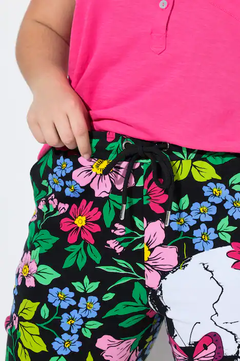 Joggpants, gerades Bein, Blumen/Totenköpfe, schwarz