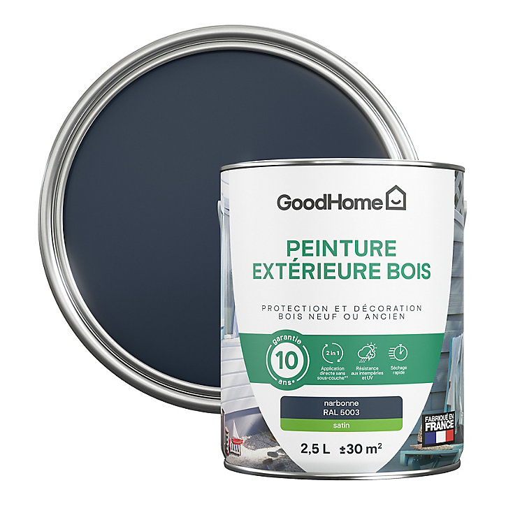 Peinture extérieure bois GoodHome Narbonne bleu satin 2.5L