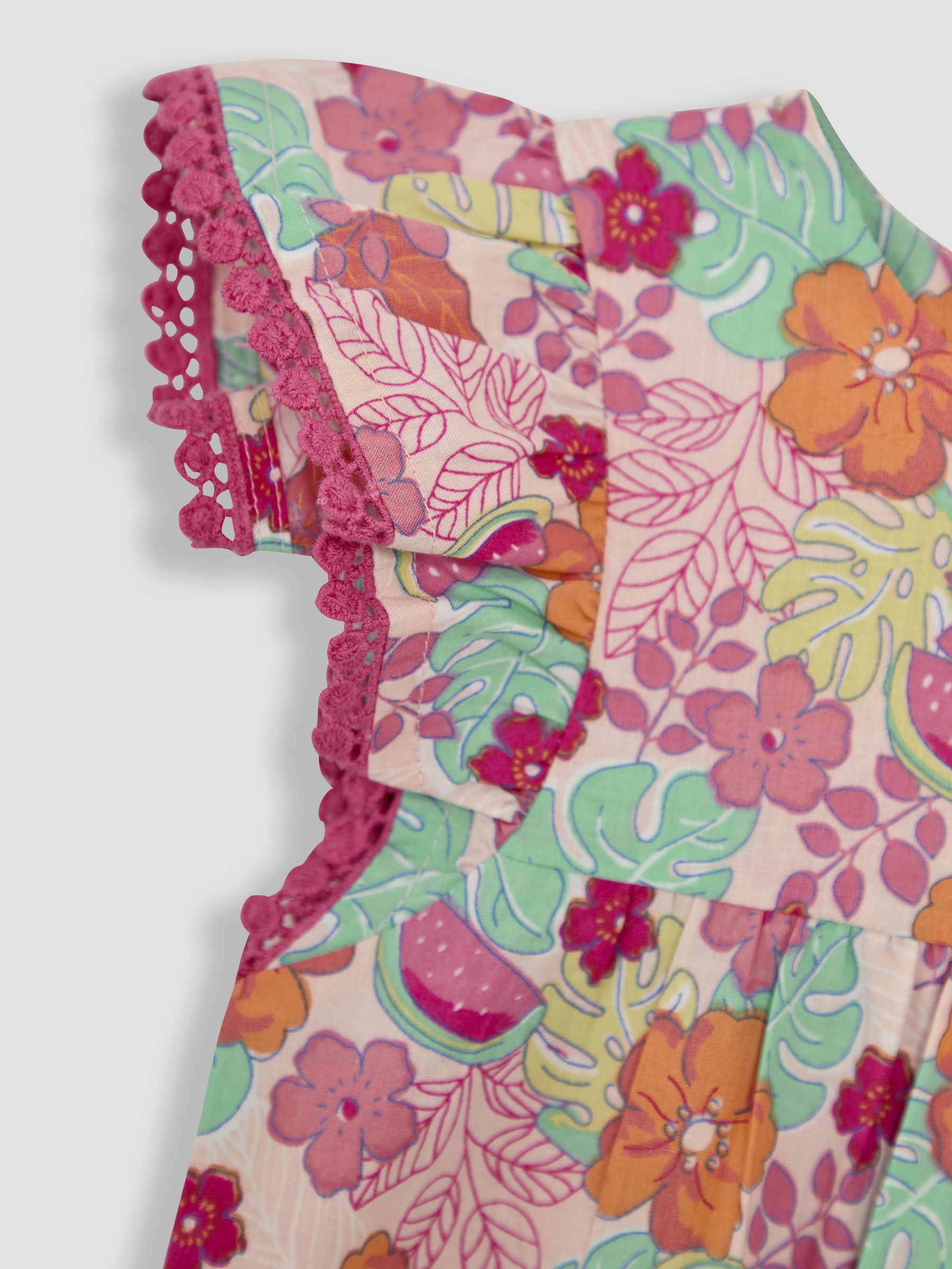 Pink Jungle Floral Print - JoJo Maman Bébé Frill Sleeve 100% Cotton Playsuit