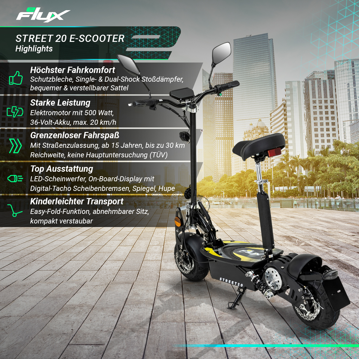 eFlux Street 20 E-Scooter mit Straßenzulassung, 20 km/h, 500 Watt, Elektroroller mit Sitz, klappbar (Schwarz)