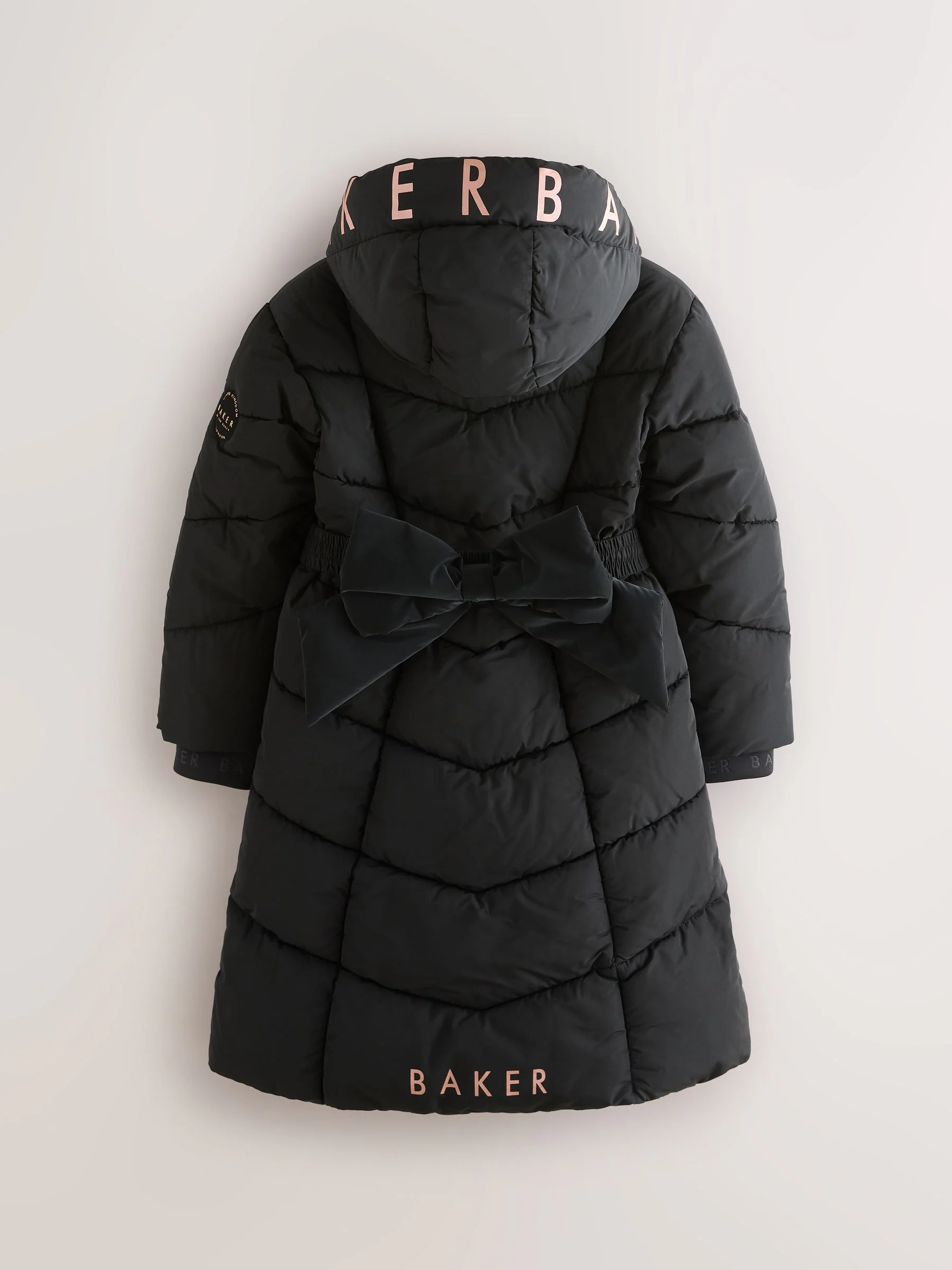 Zwart - Baker by Ted Baker Regenbestendige gewatteerde lange jas met strik op de rug en ceintuur