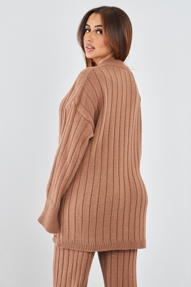 Ensemble 2 pièces pull long + pantalon en laine marron
