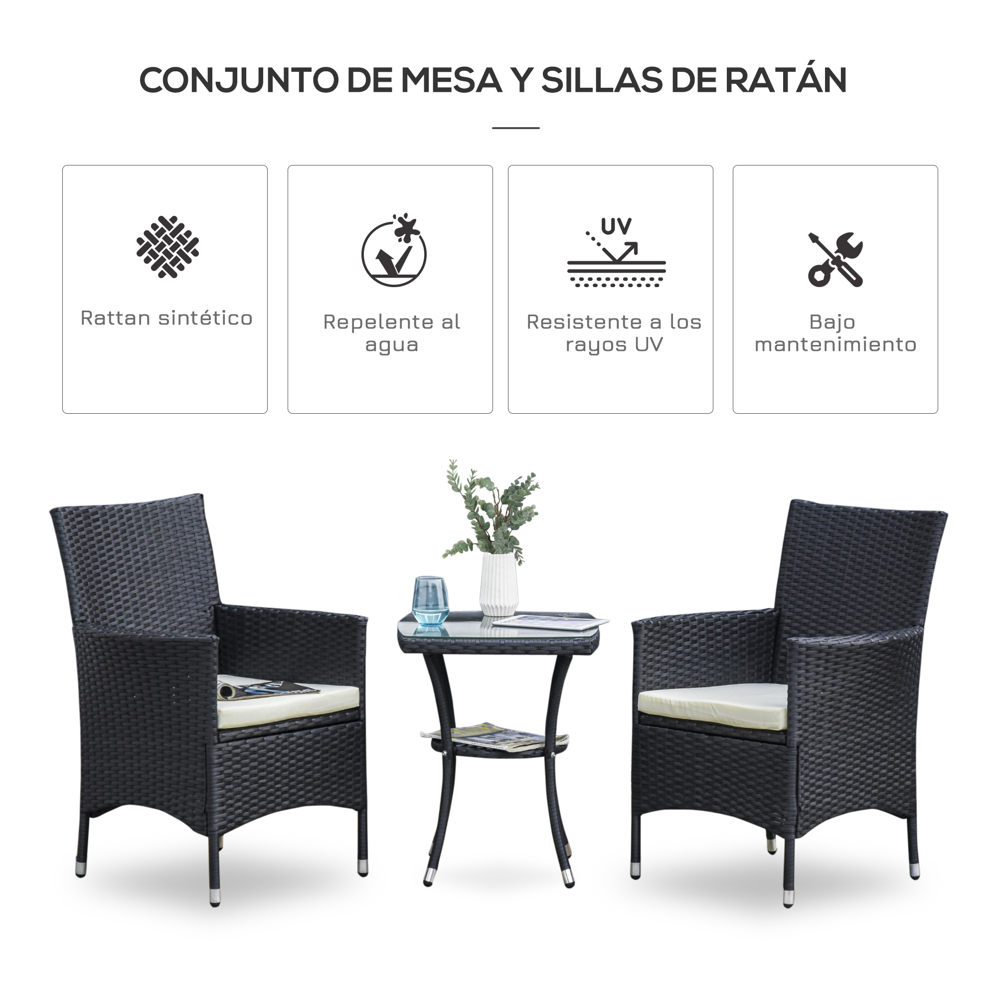 Conjunto de Móveis de Jardim Outsunny, em Rattan, Inclui 1 Mesa e 2 Poltronas com Almofadas, Estrutura Metálica para Terraço e Pátio, Preto