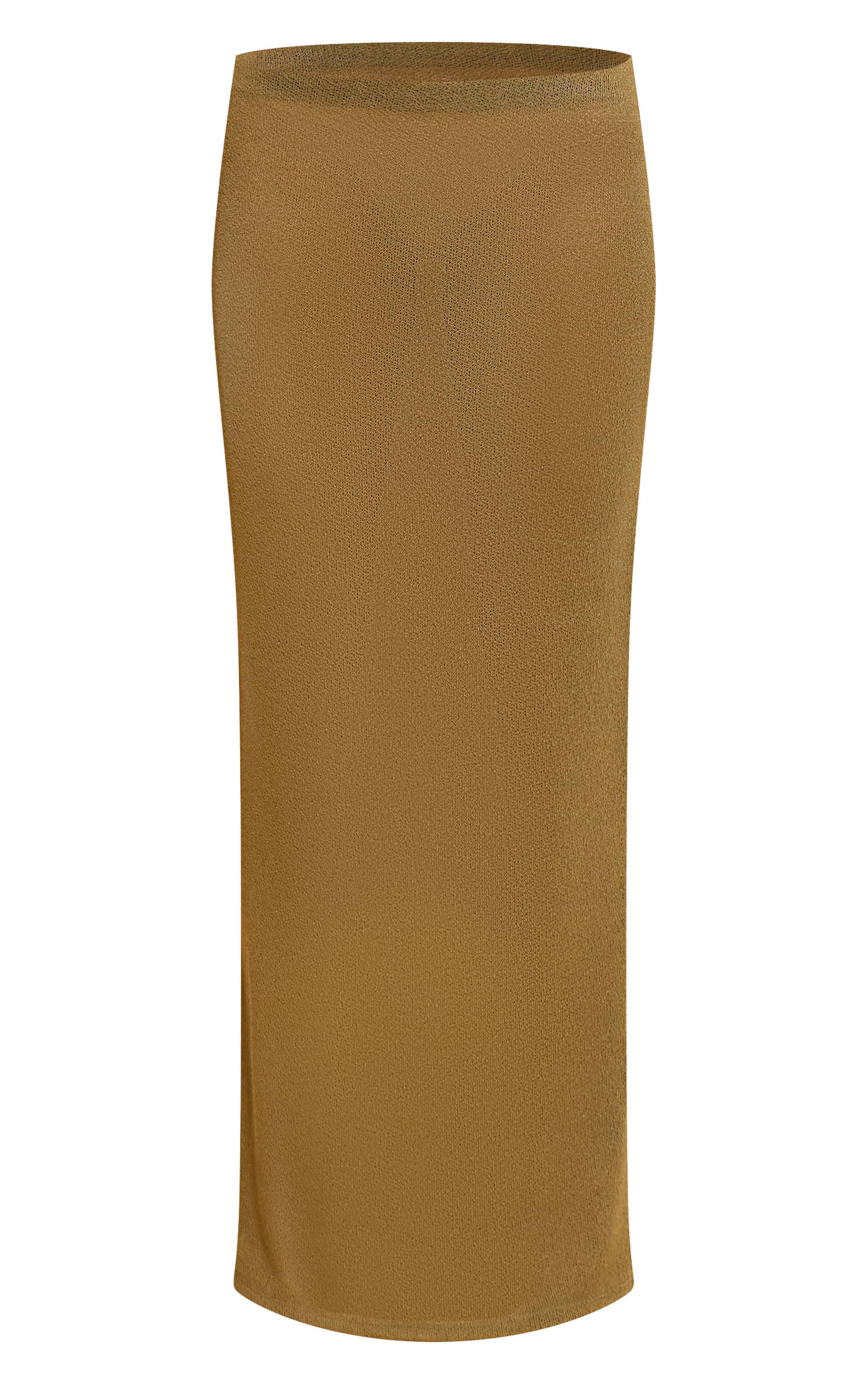 Vert Olive Jupe Longue Texturée Marron Châtaigne