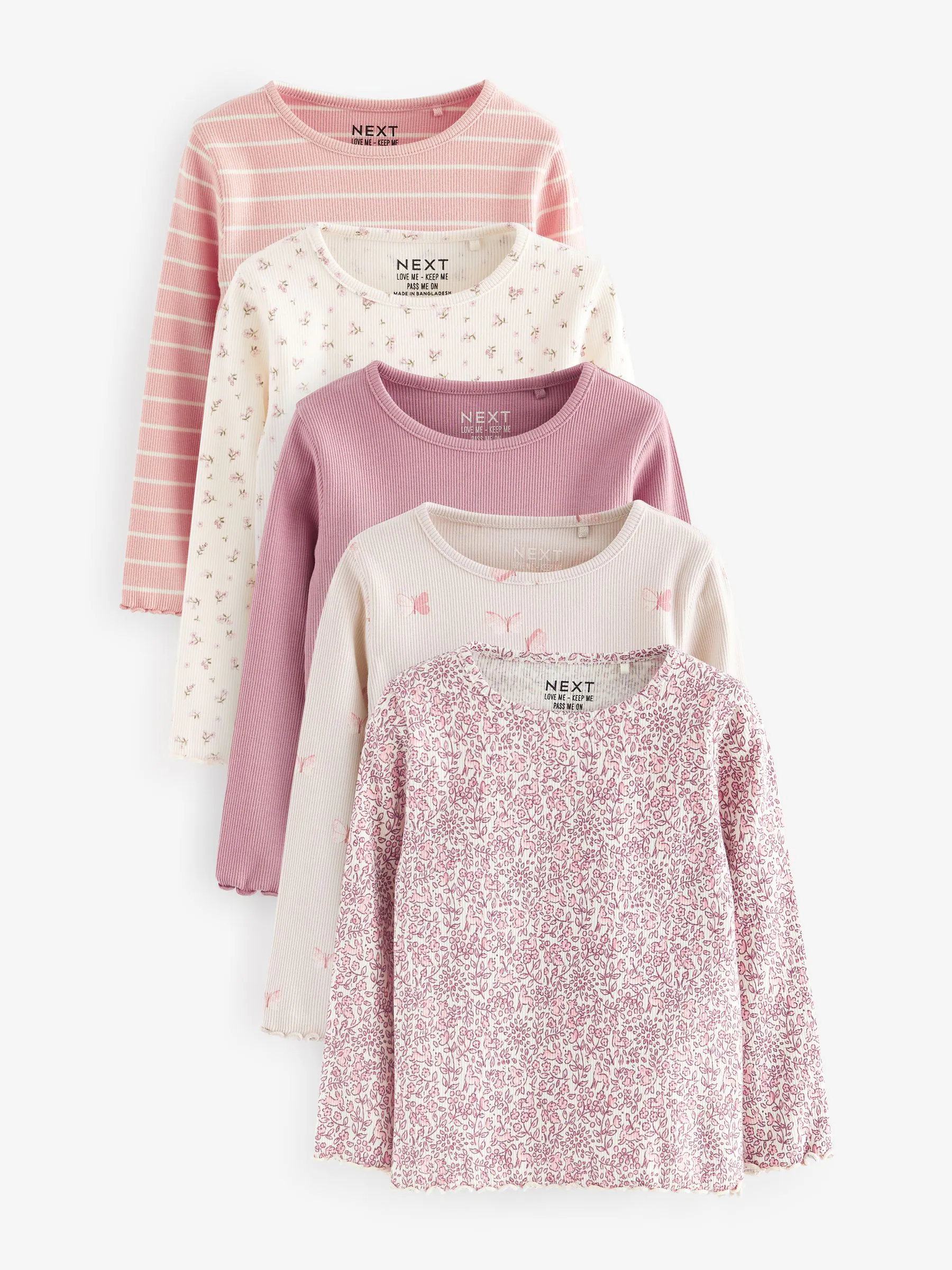 Roze - Verpakking van 5 geribbelde tops met lange mouwen (3mnd -7jaar)