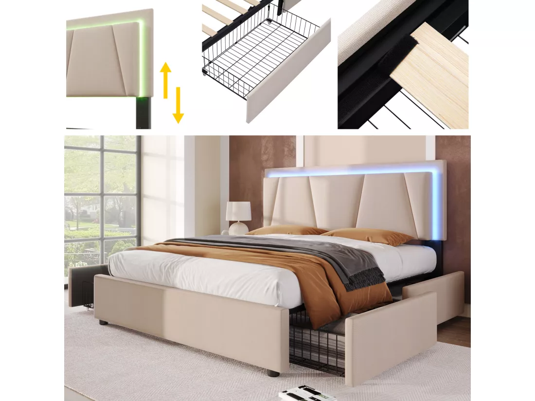 Lit rembourré 140x200cm en lin - avec 2 tiroirs + LED + sommier à lattes - Beige