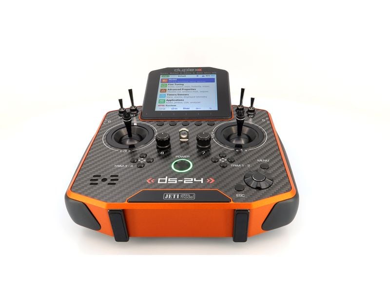 Jeti Fernsteuerung DS-24II Carbon Line Orange 24 Kanal, Dup Professioneller 24-Kanal-Sender mit Geber auf Rückseite und Carbon-Frontplatte
