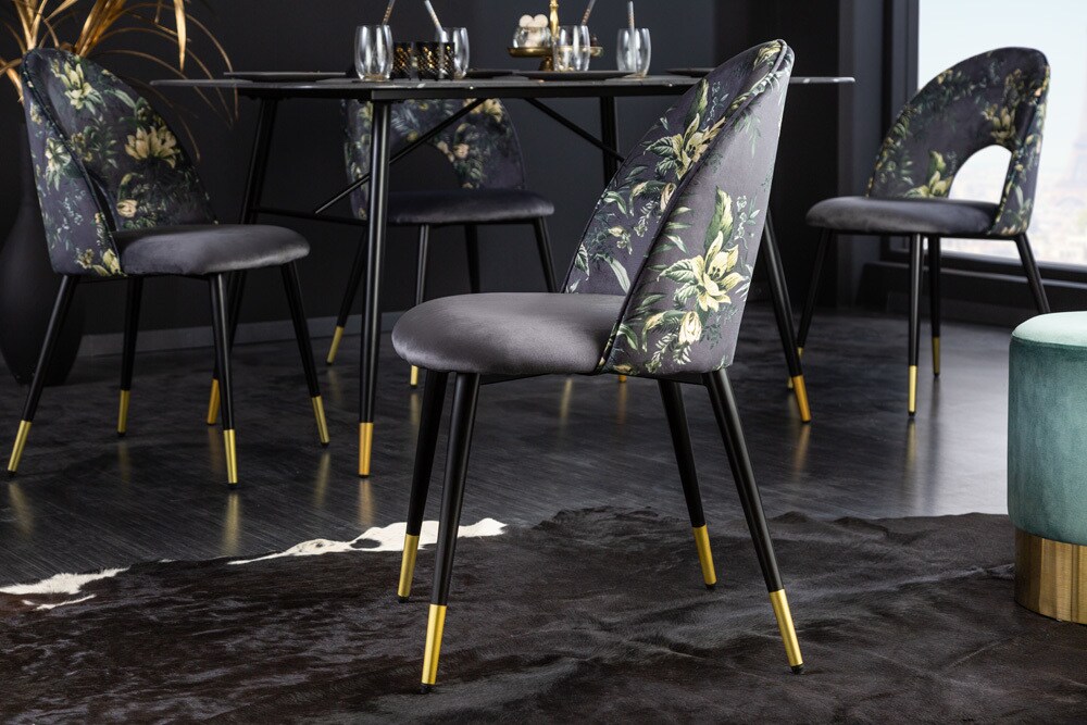 riess-ambiente Stuhl PRÊT-À-PORTER - Design grau Samt florales Muster goldene Fußkappen