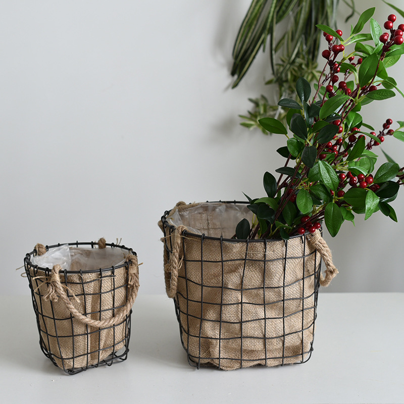 (Ø24x23cm) Jute Blumentopf Metall Korb Hygge Lifestyle Pflanzen Übertopf mit Folie - Braun