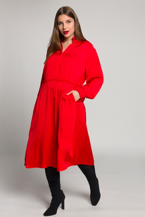 Satinkleid, Midikleid, V-Ausschnitt, Tunnelzug, Langarm