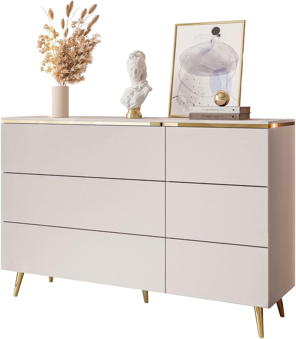 Lookway Kommode Aurora Kaschmir 6 Schubladen Weiß Hochglanz mit Golddekor, Hängend oder auf Goldfüßen – Modernes Design & Luxus für Wohnzimmer (Schräge Füße – Gold Chrom)