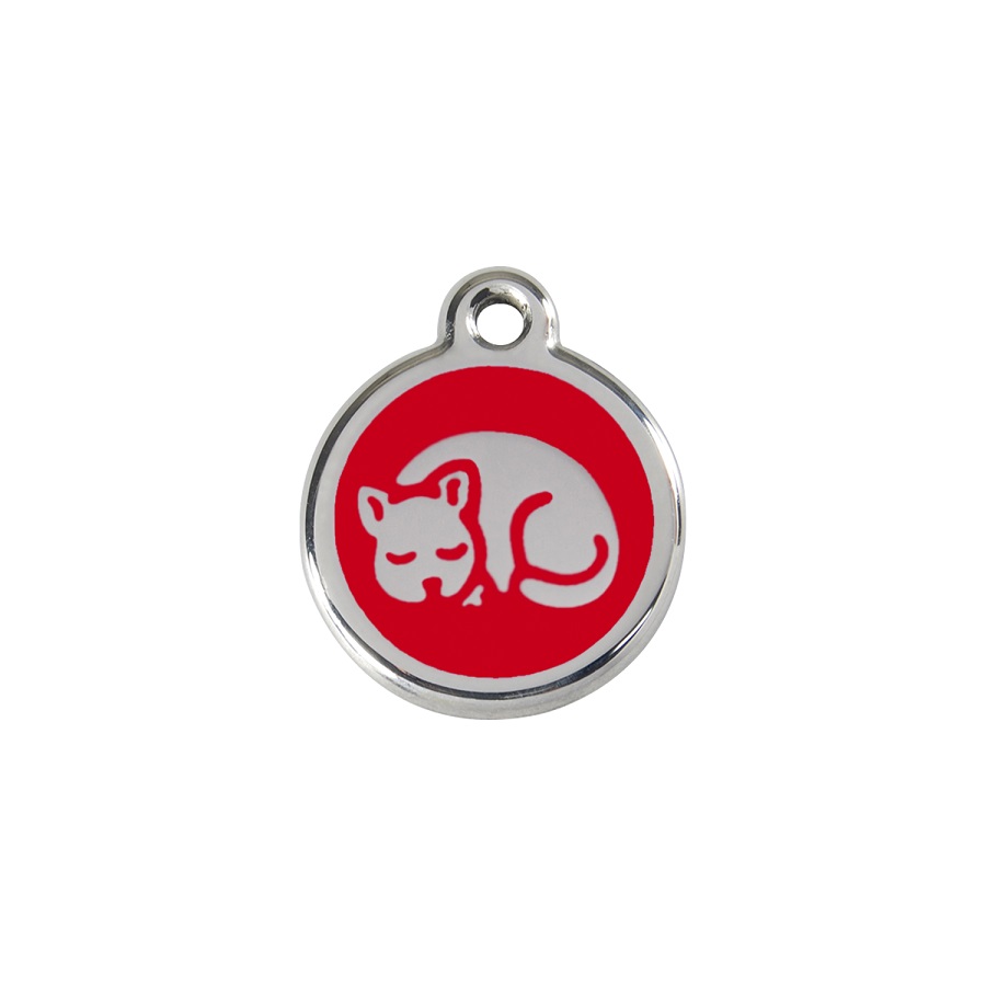 Etiqueta de identificação para gatinhos em aço inoxidável esmaltado vermelho.