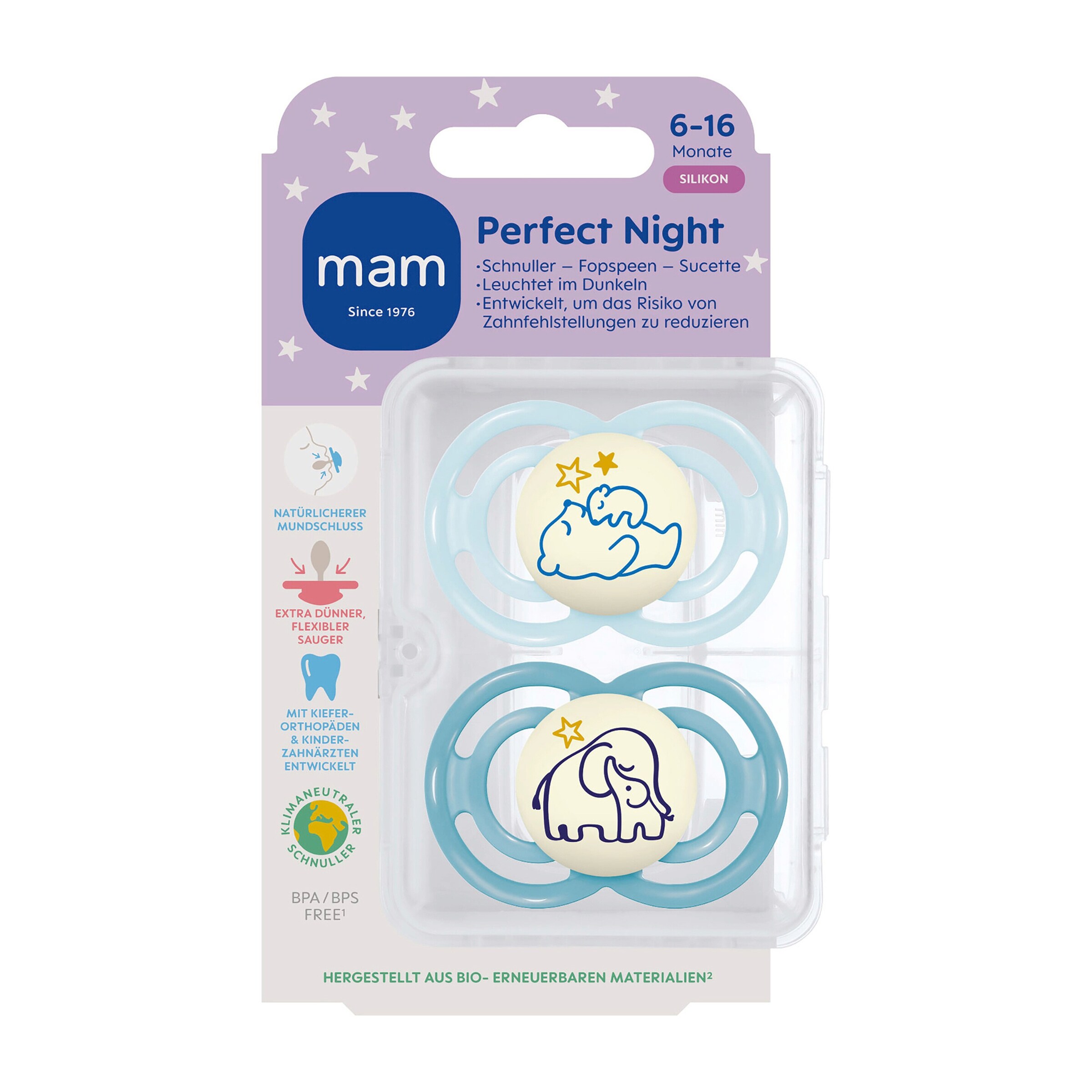 MAM 2er-Pack Schnuller Perfect Night Silikon, 6-16M blue