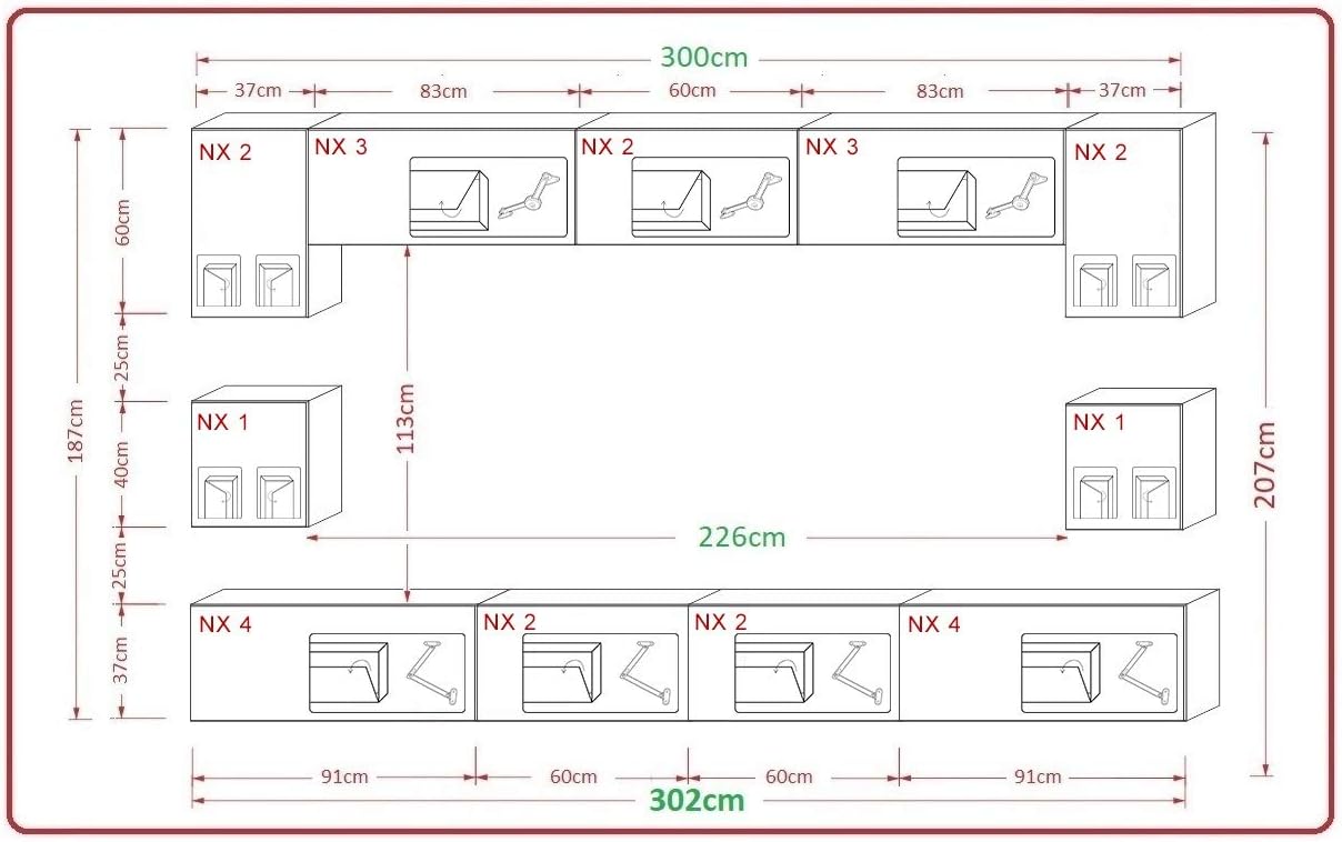 Wohnwand Wohnzimmer Möbel (Weiß) mit LED RGB - 16 Farben - Hängend Wohnzimmerwand Modern - Schrankwand mit Regale und TV Schrank (Nowara AN1-17W-HG21 1C)