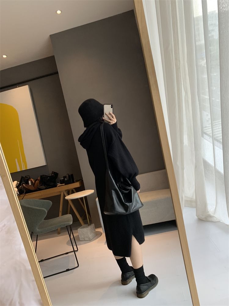 aistera - Lange mouwen effen gebreide midi hoodiejurk
