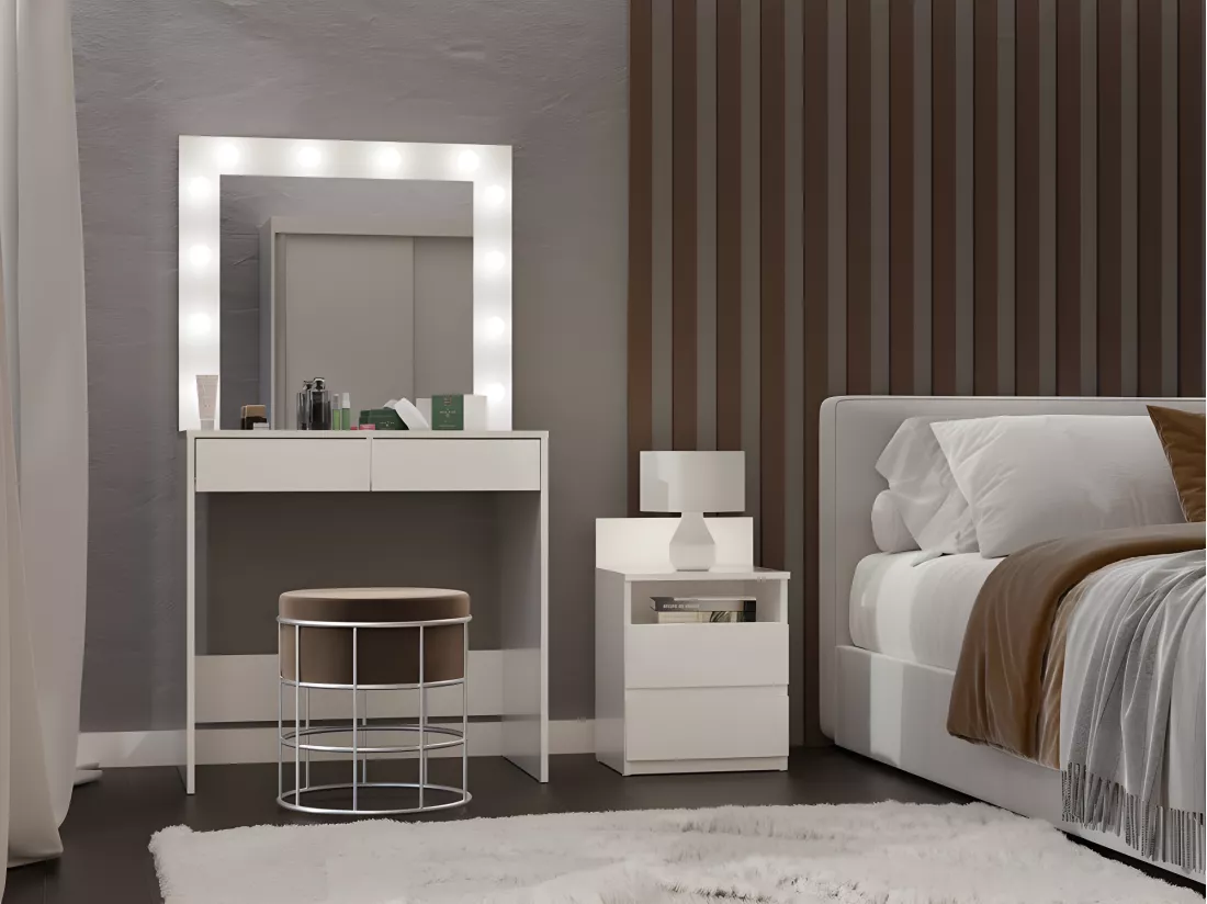 MARINA - Coiffeuse avec miroir + éclairage LED - 2 tiroirs - Dimensions 81x50x80 cm